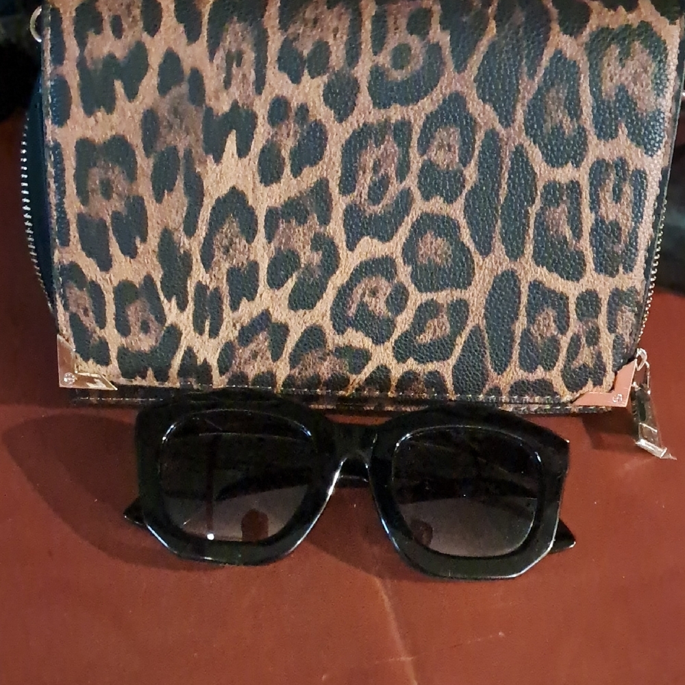 Leopard Print Clutch and Black Sunglasses Set